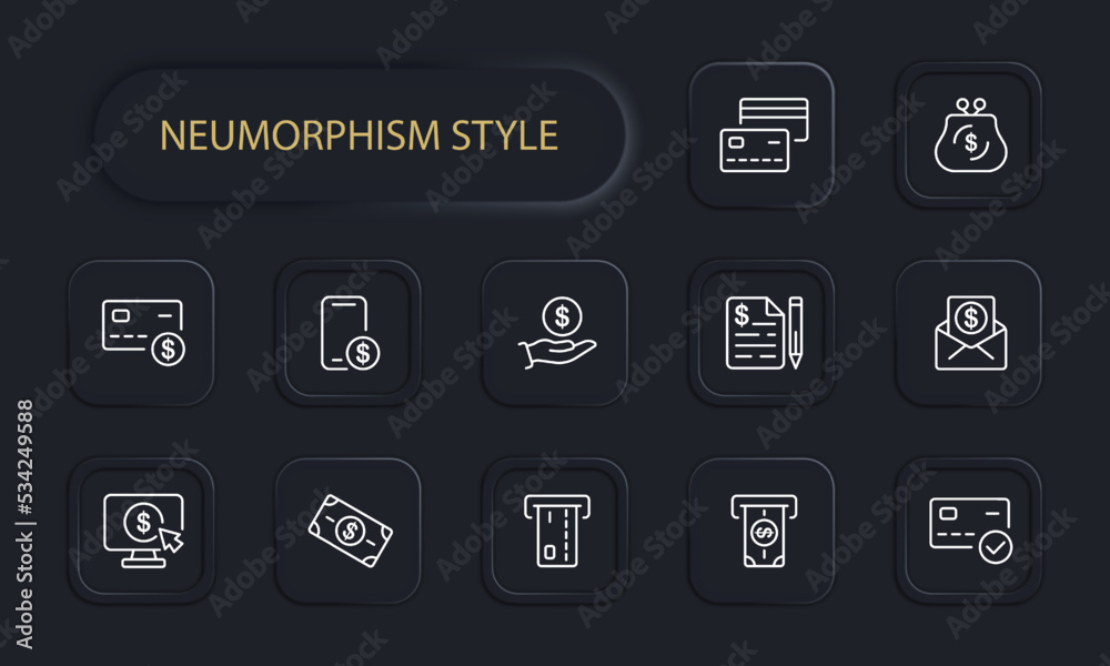 Money set icon. Card, wallet, check, mail, bill, ATM, terminal, click, online purchase, transaction, shopping, nfs, contactless payment. Neomorphism style. Vector line icon Money set icon. Card, wallet, check, mail, bill, ATM, terminal, click, online purchase, transaction, shopping, nfs, contactless payment. Neomorphism style. Vector line icon
