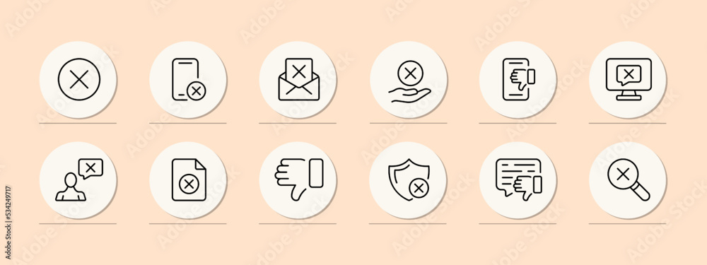 Cross set icon. Forbidden, error, phone, thump down, mistake, speech bubble, file, access error, denied, cancel, close, breakage. Check mark concept. Pastel color background. Vector line icon Cross set icon. Forbidden, error, phone, thump down, mistake, speech bubble, file, access error, denied, cancel, close, breakage. Check mark concept. Pastel color background. Vector line icon