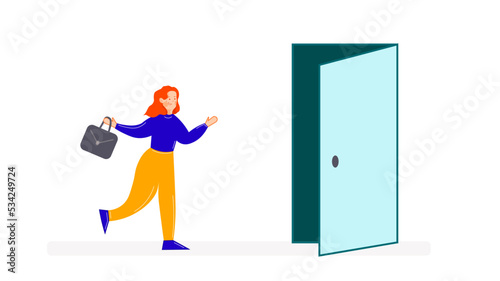 an employee resigns, quits or leaves the company, an employee is fired and walks through the exit door. the girl runs out the door. the worker runs