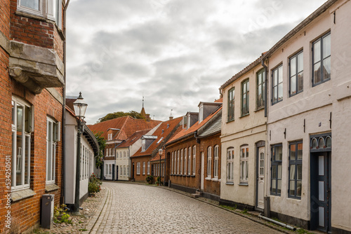 Street and traditional houses in old town of Ribe, Jutland, Denmark