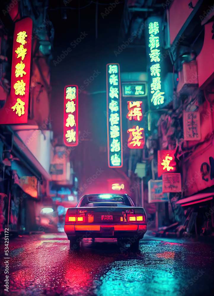 Illustration of a Cyber Tokyo neon street. A rainy night in a slepless ...