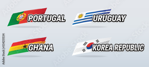 Vector banners featuring country names with national flags for Portugal, Ghana, Uruguay and Korea Republic, for World Cup groups and other sports, in hand drawn illustration style.