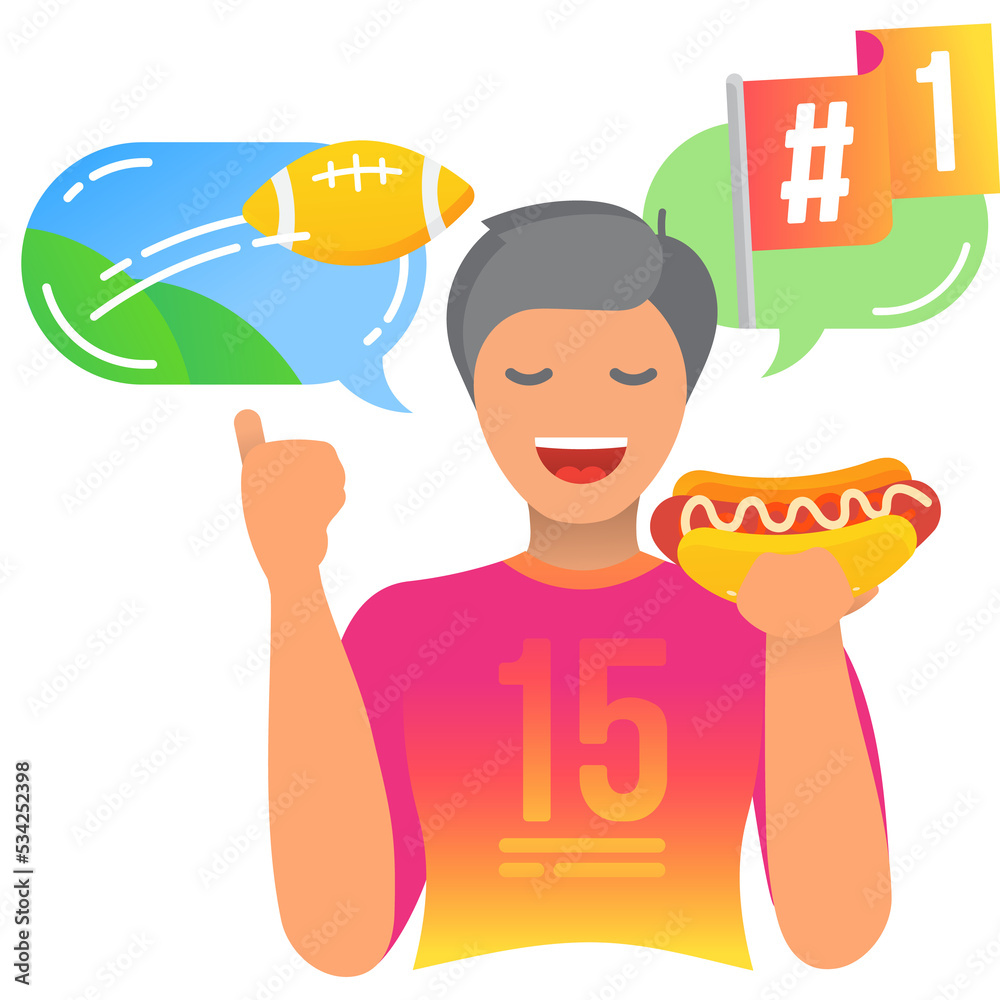 American football fan eating hotdog vector icon American football fan eating hotdog vector icon