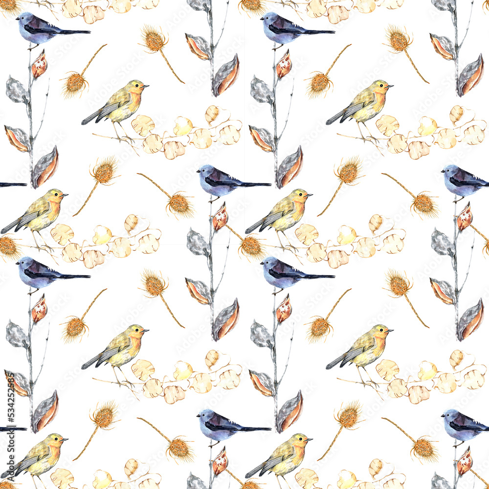 Watercolor seamless pattern with birds and wild dry flowers.