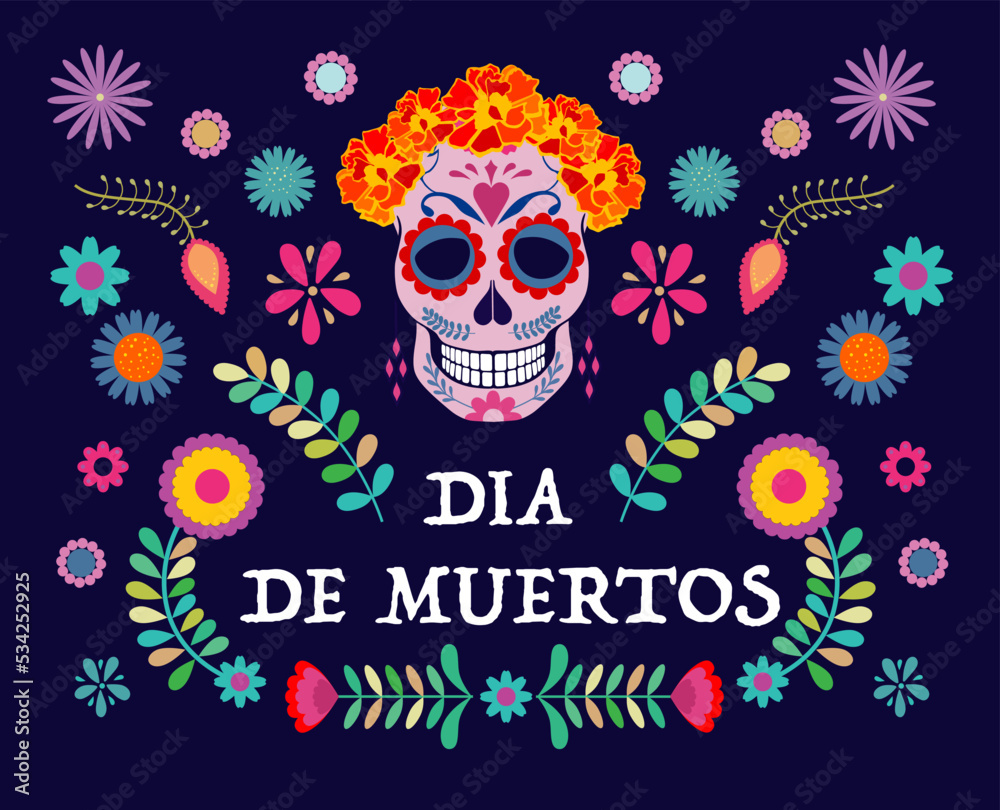 Mexican Day of the Dead horizontal vector greeting card template 