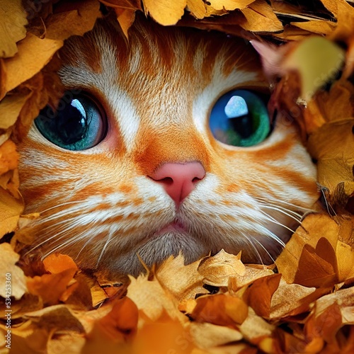Kitty red cat with autumn orange leaves fall park. 3D illustration. photo