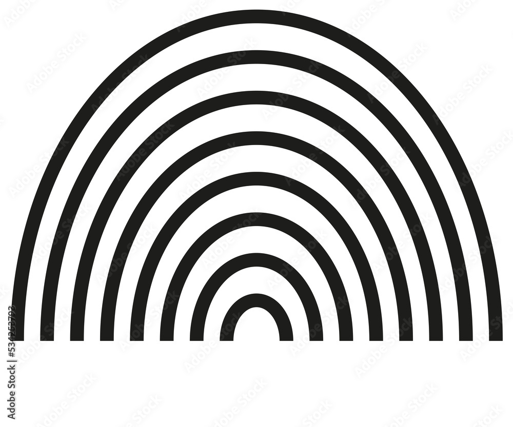Obraz premium Concentric half circles, ellipses. Black outlined oval rainbow shape. Isolated png illustration, transparent background. Asset for overlay, montage, collage, presentation. 