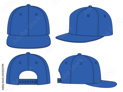 Blank Blue Hip Hop Cap With Adjustable Snap Back Strap Closure Template on White Background, Vector File