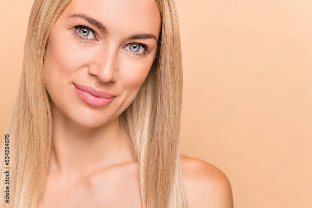 Cropped photo of charming tender lady look check plastic surgery collage therapy isolated over beige color background Cropped photo of charming tender lady look check plastic surgery collage therapy isolated over beige color background