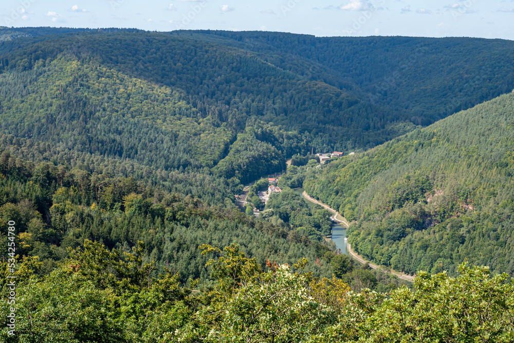 Fototapeta premium Saverne, France - 09 04 2022: View of Haut-Barr Castle and the Alsace plain