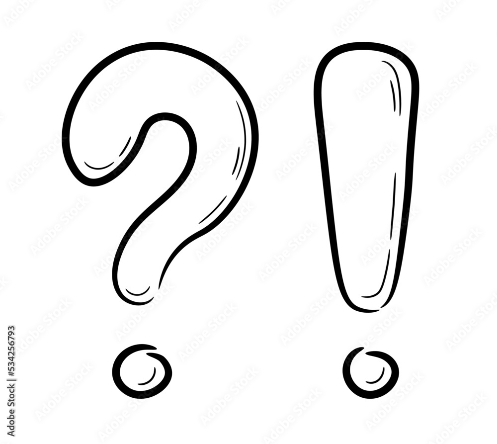 Question and exclamation mark symbol. Line drawing simple black question and exclamation icon. Hand drawn in doodle style. Isolated vector illustration. Question and exclamation mark symbol. Line drawing simple black question and exclamation icon. Hand drawn in doodle style. Isolated vector illustration.