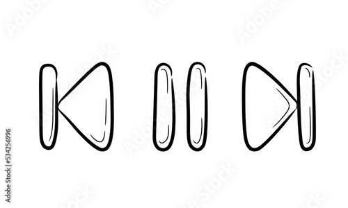 A collection of hand-drawn music and video rewind and stop icon sets. Start play and pause button in doodle sketch style. A simple doodle drawing scheme. Vector illustration.