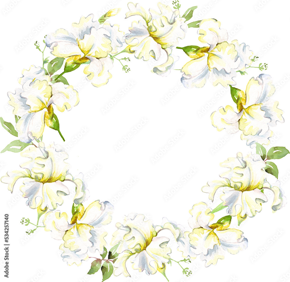 White irises wreath. Watercolor clipart