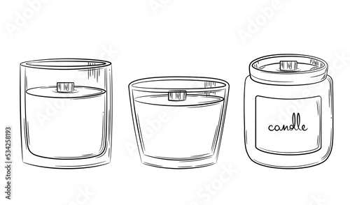 A selection of scented candles hand drawn in sketch style. Simple candles with wooden wicks in glass candlesticks. Isolated vector illustration.