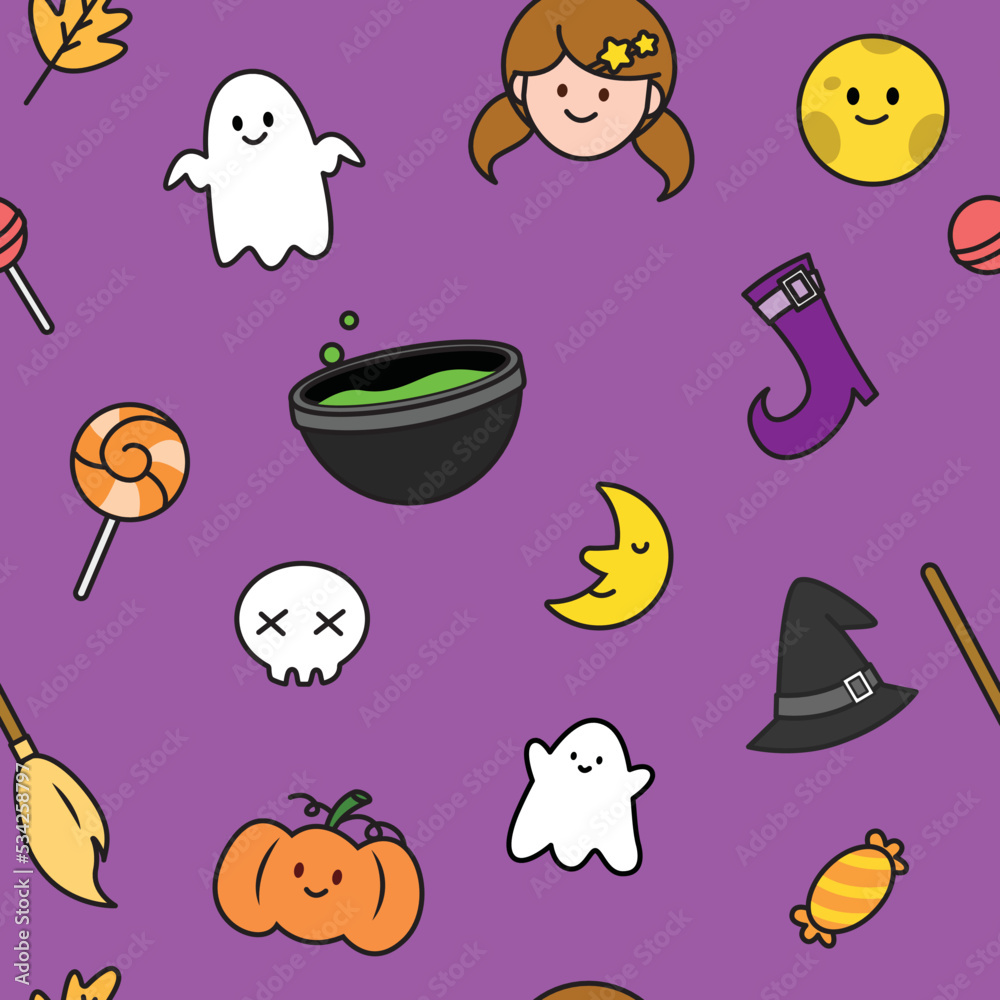 Fototapeta premium Halloween cartoon seamless pattern background. Cute character. Element of ghost, skull, candy, pumpkin and moon. Vector illustration