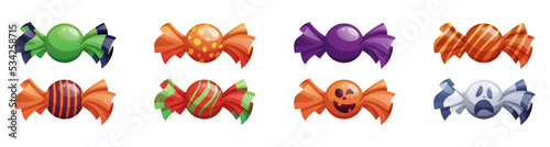 Set of candy in different wrappers in halloween style.Trick or Treat, Halloween holiday. Cartoon vector illustration