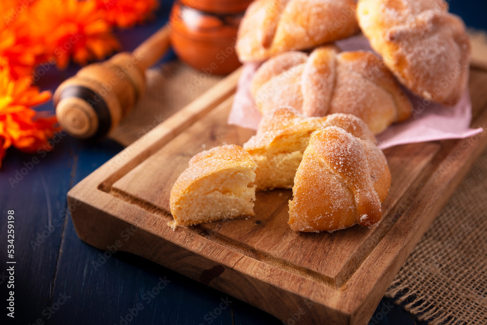 Pan de Muerto. Typical Mexican sweet bread that is consumed in the season of the day of the dead. It is a main element in the altars and offerings in the festivity of the day of the dead.