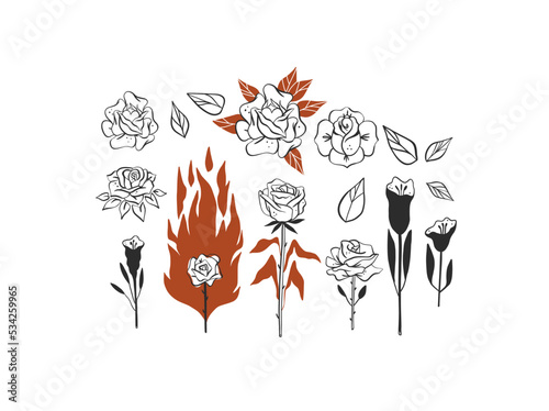 Hand drawn vector abstract graphic sketch drawing illustrations collection set with logo elements of black decorative leaves and roses flowers silhouettes art in simple style for branding,isolated.