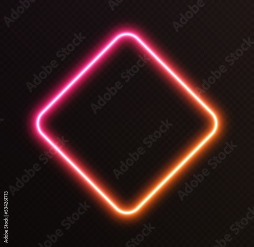 Gradient neon rhombus, pink-orange glowing border isolated on a dark background. Colorful night banner, vector light effect. Bright illuminated shape.