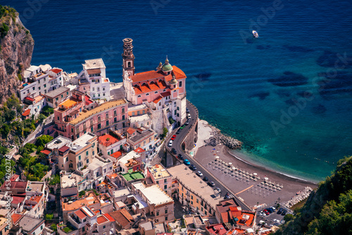 Atrani, Amalfi Coast, Italy. Aerial cityscape image of famous city Atrani located on Amalfi Coast, Italy at sunny summer day.