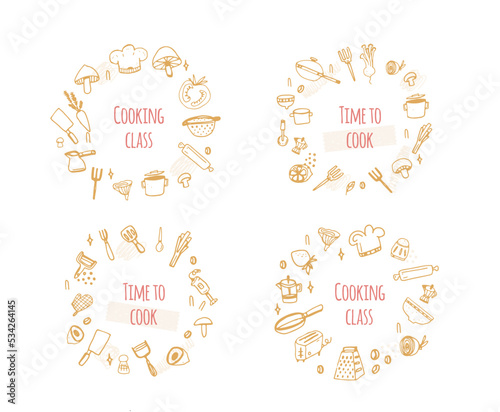 Circle Kitchen border decoration for book cover, doodle frame for restaurant, doodle cooking class