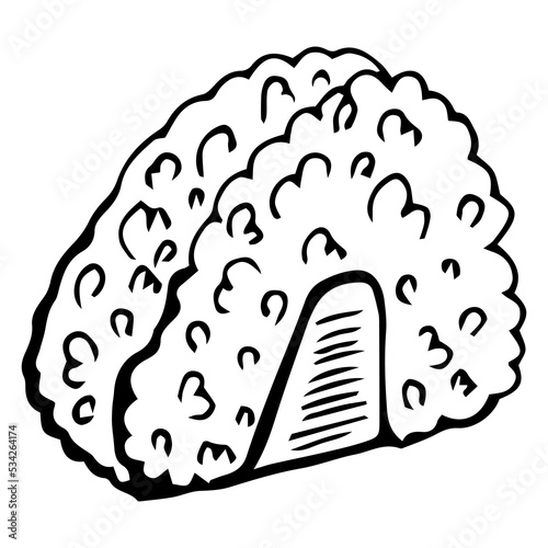  traditional japanese onigiri triangled rice balls with salmon, seasoning, sesame seeds and nori sheets on a wooden plate on a white background