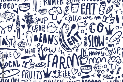 Kitchen doodle seamless pattern with lettering, food cafe template design.