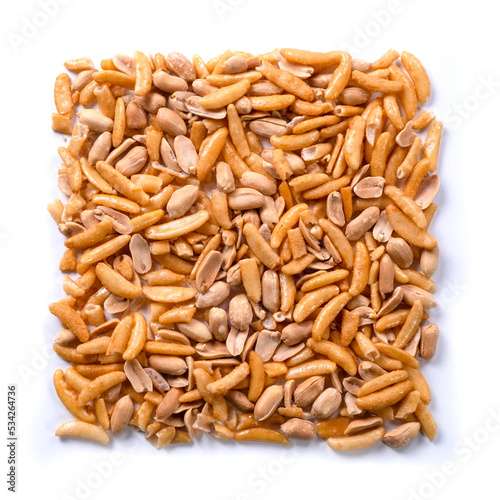 Nuts and crackers for beer isolated on white background. View from above