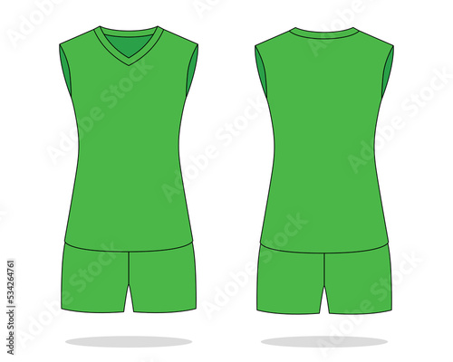 Women's blank green sleeveless volleyball jersey template on white background.Front and back view, vector file.
