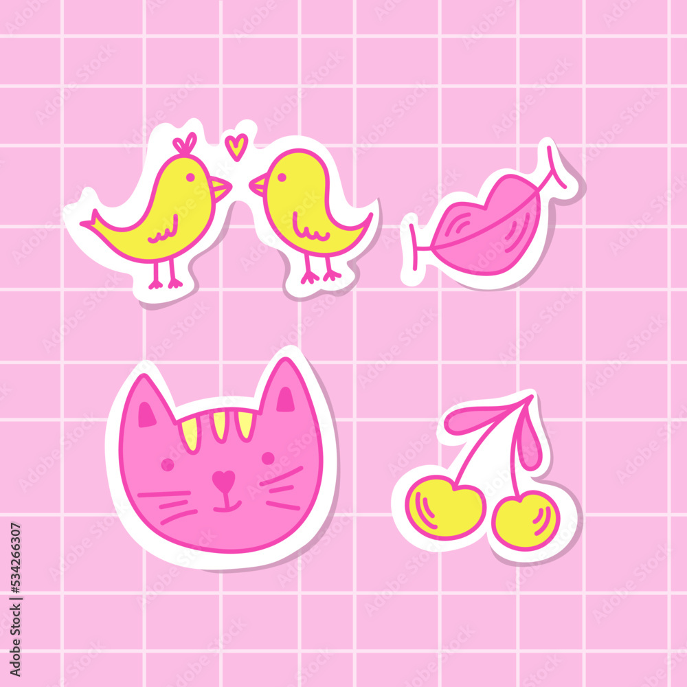 Cartoon collection kawaii sticker. Lovebirds, lips, cherry and cute cat.