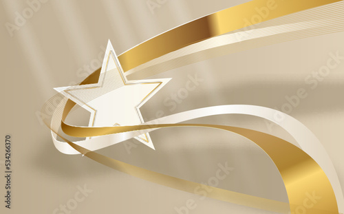 Award ceremony background with 3d gold star and ribbon element and glitter light effect decoration.
