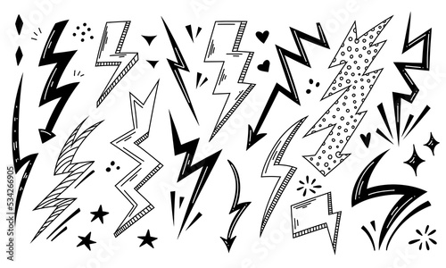 Handdrawn lightning set doodle icon. Hand drawn black sketch. Flash sign cartoon symbol. Decoration element. Vector Isolated illustration on white background