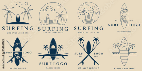 set surfing vintage, line art logo, icon and symbol, with emblem vector illustration design