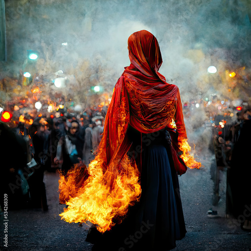 3d illustration sketch of an Iranian woman burning her hijab in protests against oppression of women photo