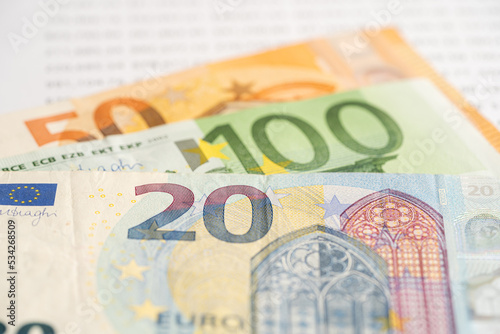 Euro banknotes on spreadsheet paper, Banking Account, Investment Analytic research data economy, trading, Business company concept.