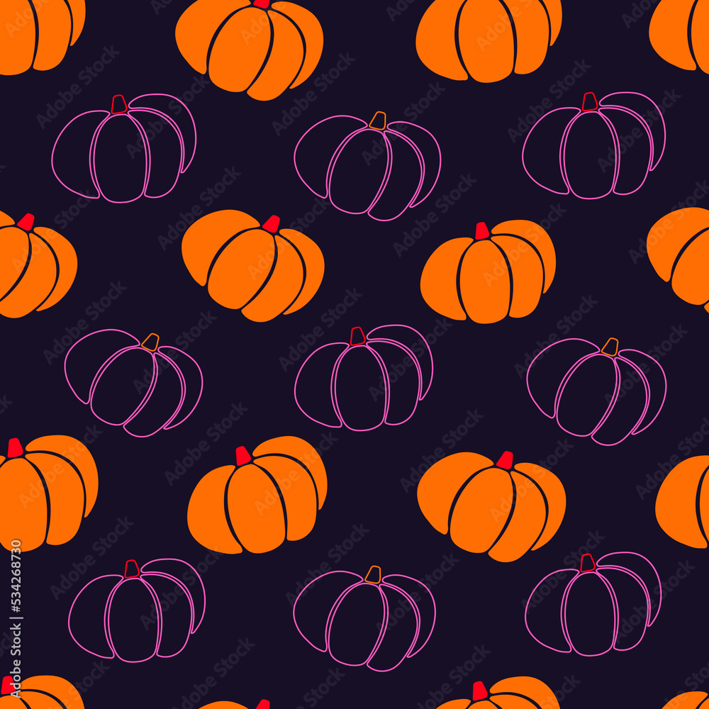 Pumpkin seamless pattern. Pumpkin silhouette and line vector illustration.
