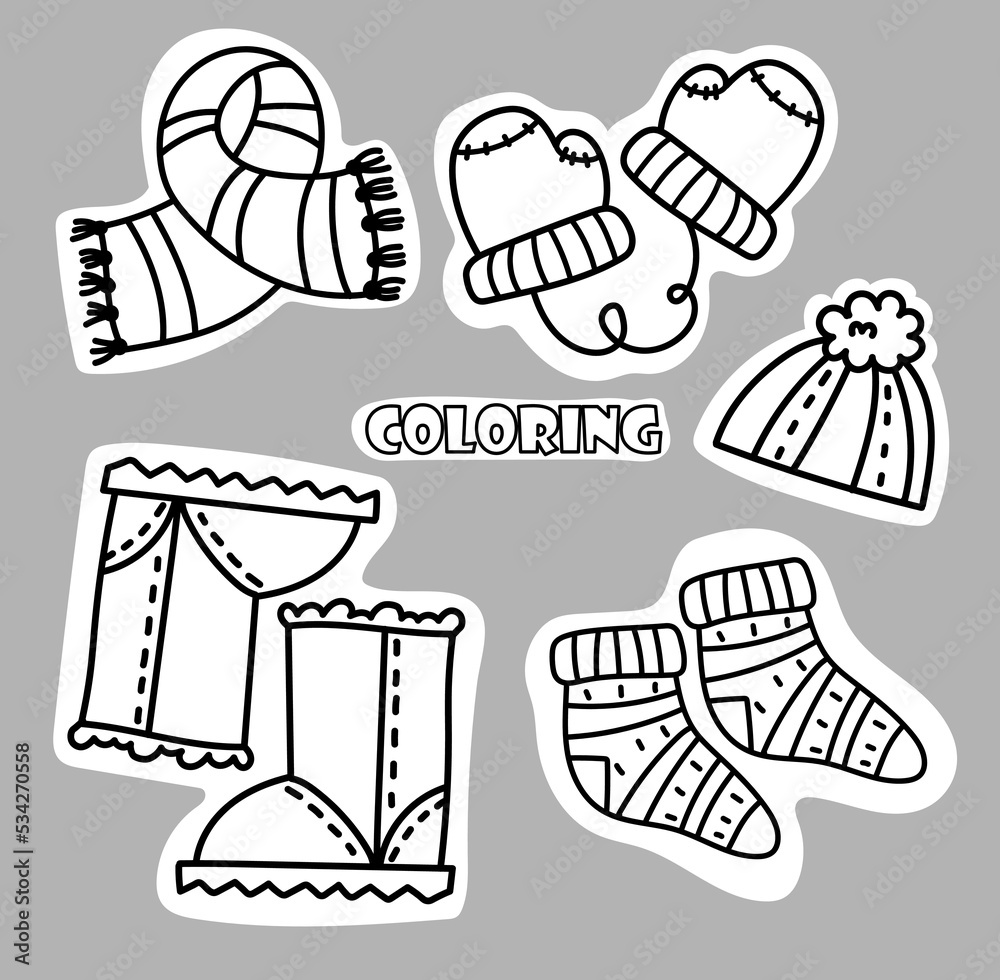 A set of cozy knitted warm clothes. coloring page. A set of cozy knitted warm clothes. coloring page.