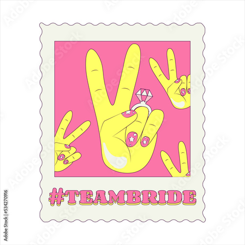 Female Hand Making Peace Gesture Pink Nails with 
Stars Teambride Bachelorette Party Temporary Hippie Tatto Sticker or Badge