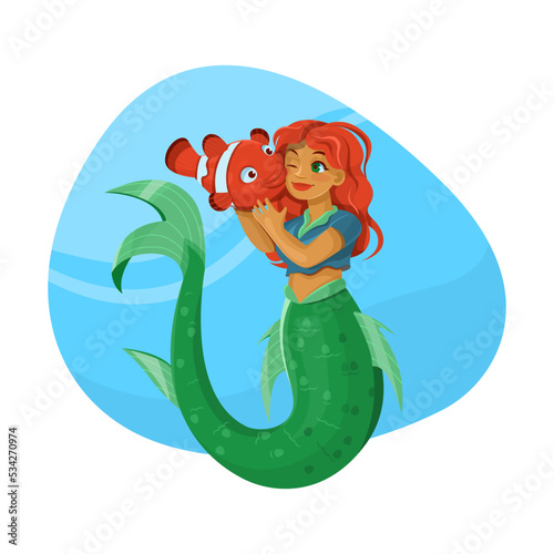 Cute mermaid and clown fish cartoon character