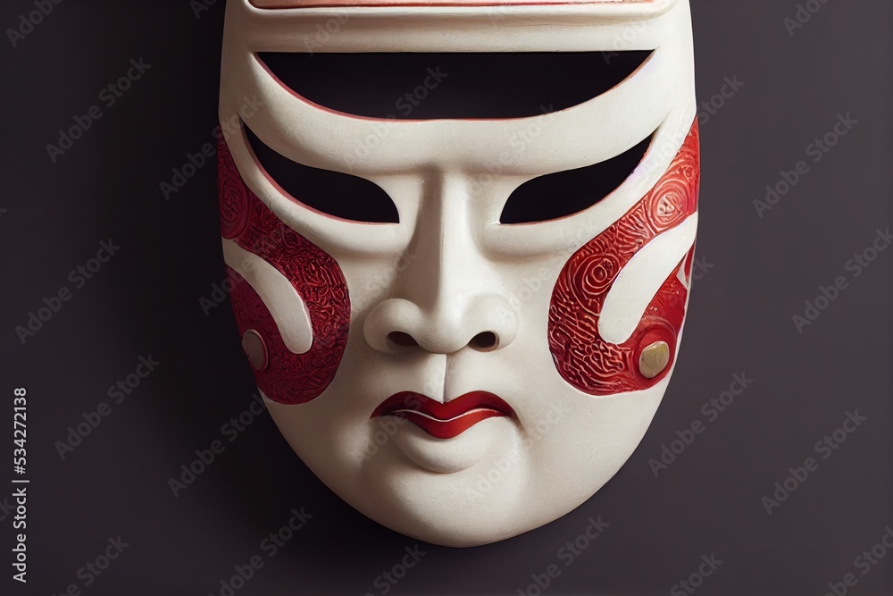Painted traditional japanese kabuki theater mask made of ceramic, wood,  lacquer and clay. Highly ornate and exaggerated design. Masks used by  actors during spectacle, 3D illustration concept art. Stock Illustration |  Adobe