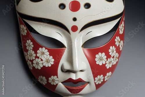 Painted traditional japanese kabuki theater mask made of ceramic, wood, lacquer and clay. Highly ornate and exaggerated design. Masks used by actors during spectacle, 3D illustration concept art.  photo