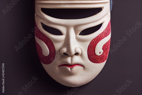Tableau sur toile Painted traditional japanese kabuki theater mask made of ceramic, wood, lacquer and clay