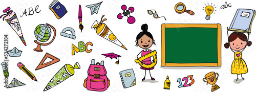 Back to school - Cute girls next to a blackboard with school supplies with rulers, pencils, brushes and ABC - colorful hand-drawn cartoon for horizontal banner or greeting card.