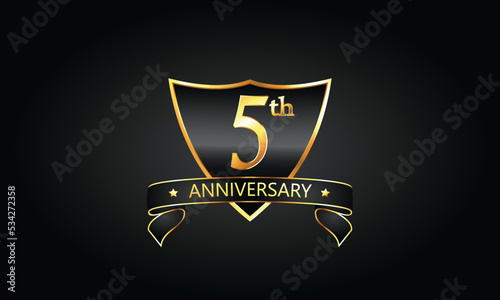 5 year anniversary logo with golden shield and ribbon. Dark concept anniversary. 5th Anniversary celebration background. fifth anniversary banner vector