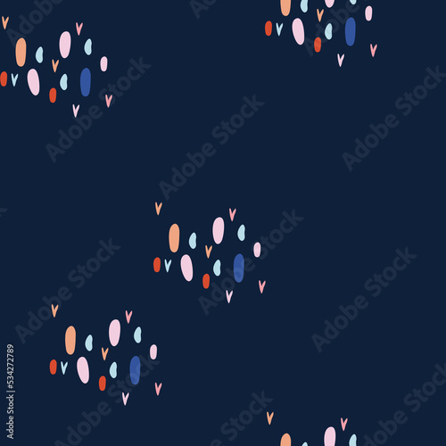 Seamless pattern with hearts and the points on dark background.Cute pattern can be used as textile, fabric, wallpaper, banner and other. Vector illustration © YustynaOlha