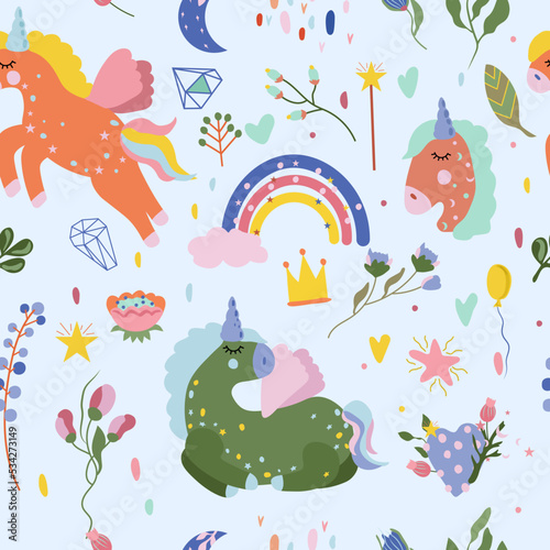 Seamless pattern with magic Unicorn, colorful rainbow, wild flowers and leaves. Cute pattern can be used as textile, fabric, wallpaper, banner and other. Vector illustration