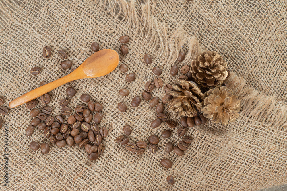 Pinecones, coffee beans and spoon on burlap Pinecones, coffee beans and spoon on burlap