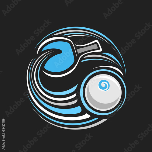 Vector logo for Ping Pong, isolated modern emblem with illustration of flying on curve trajectory white ping pong ball, decorative line art sports badge for table tennis club on black background