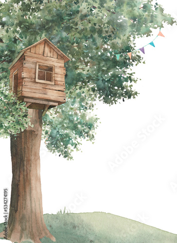 Watercolor tree house illustration. Summer kids artwork isolated on white background.