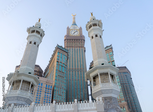 Skyline with Abraj Al Bait (Royal Clock Tower Makkah) (left) in Makkah, Saudi Arabia. The tower is the tallest clock tower in the world at 601m (1972 feet), built at a cost of USD1.5 billion.
